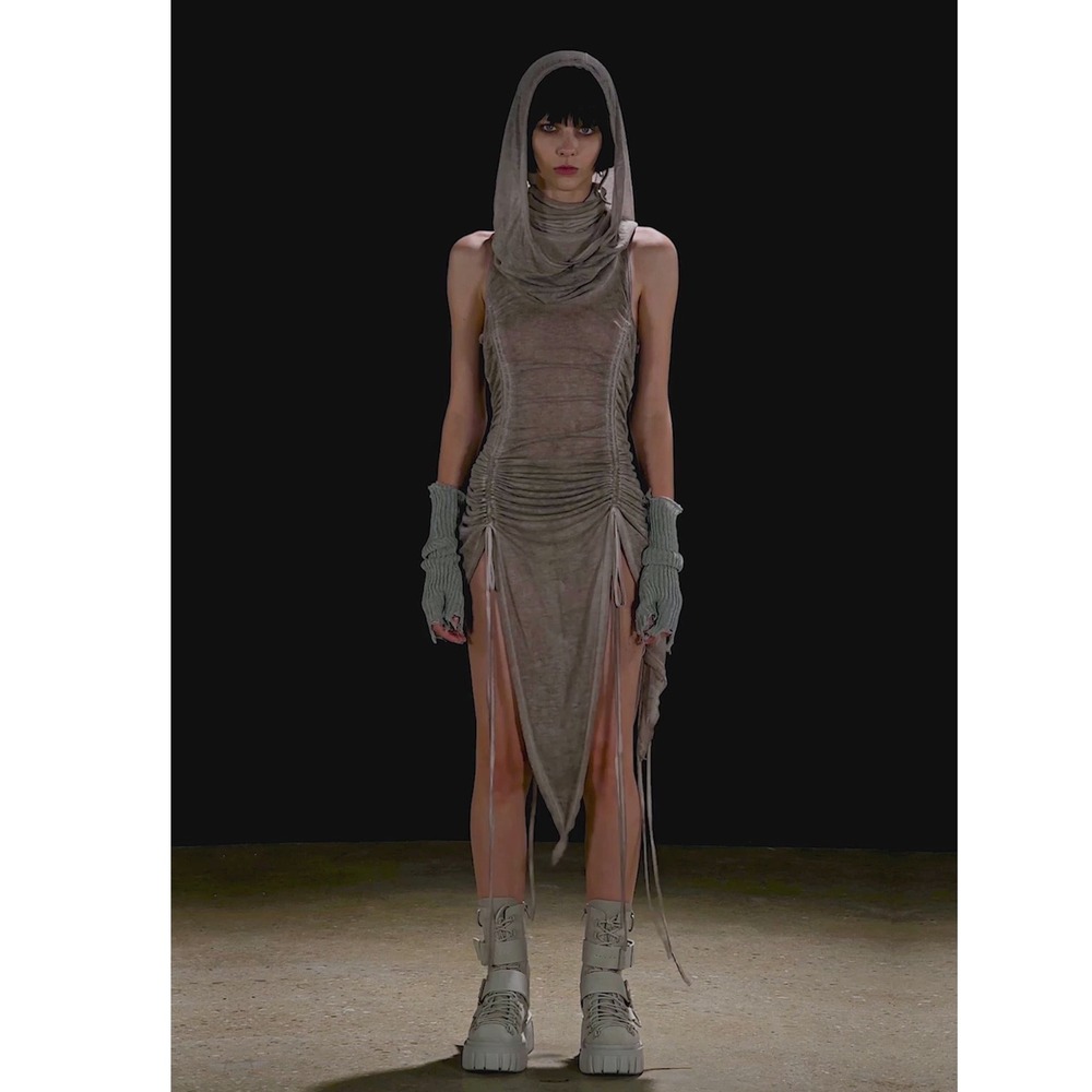 Darker Wavs Tempo Ruched Harness Dress Womens Medium Grey Hooded Avant Garde